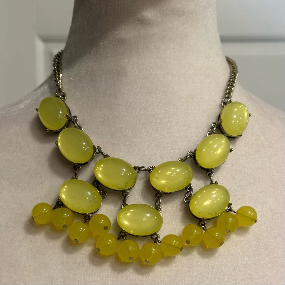 Yellow Beaded Bib Statement Necklace Gold Chain EUC